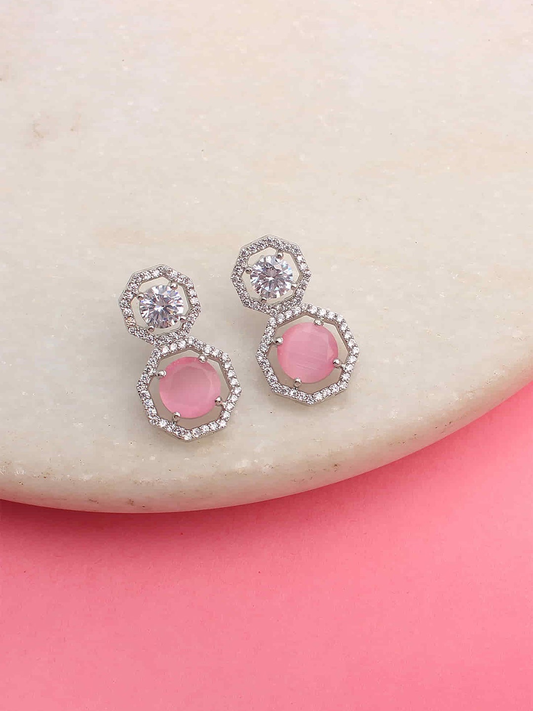 

Mirana Rhodium Plated Cubic Zirconia Stone Studded Drop Earrings, Silver