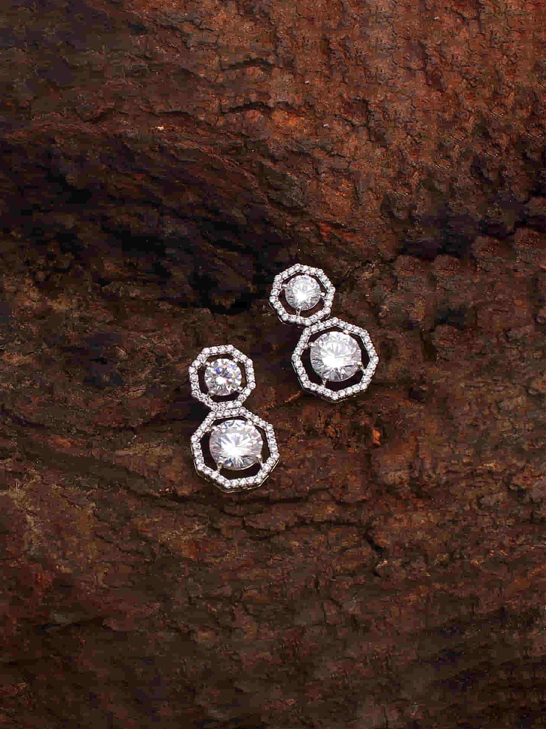 

Mirana Rhodium Plated Cubic Zirconia Stone Studded Drop Earrings, Silver