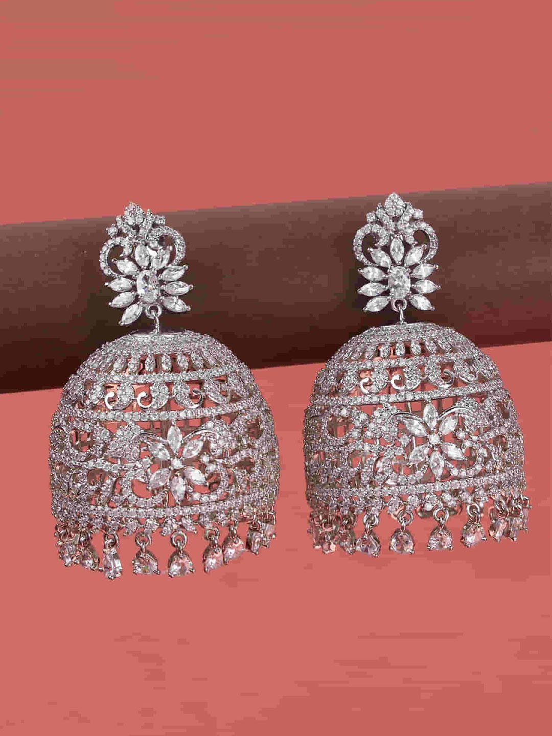 

Mirana Rhodium Plated CZ Studded Drop Shaped Jhumkas, Silver