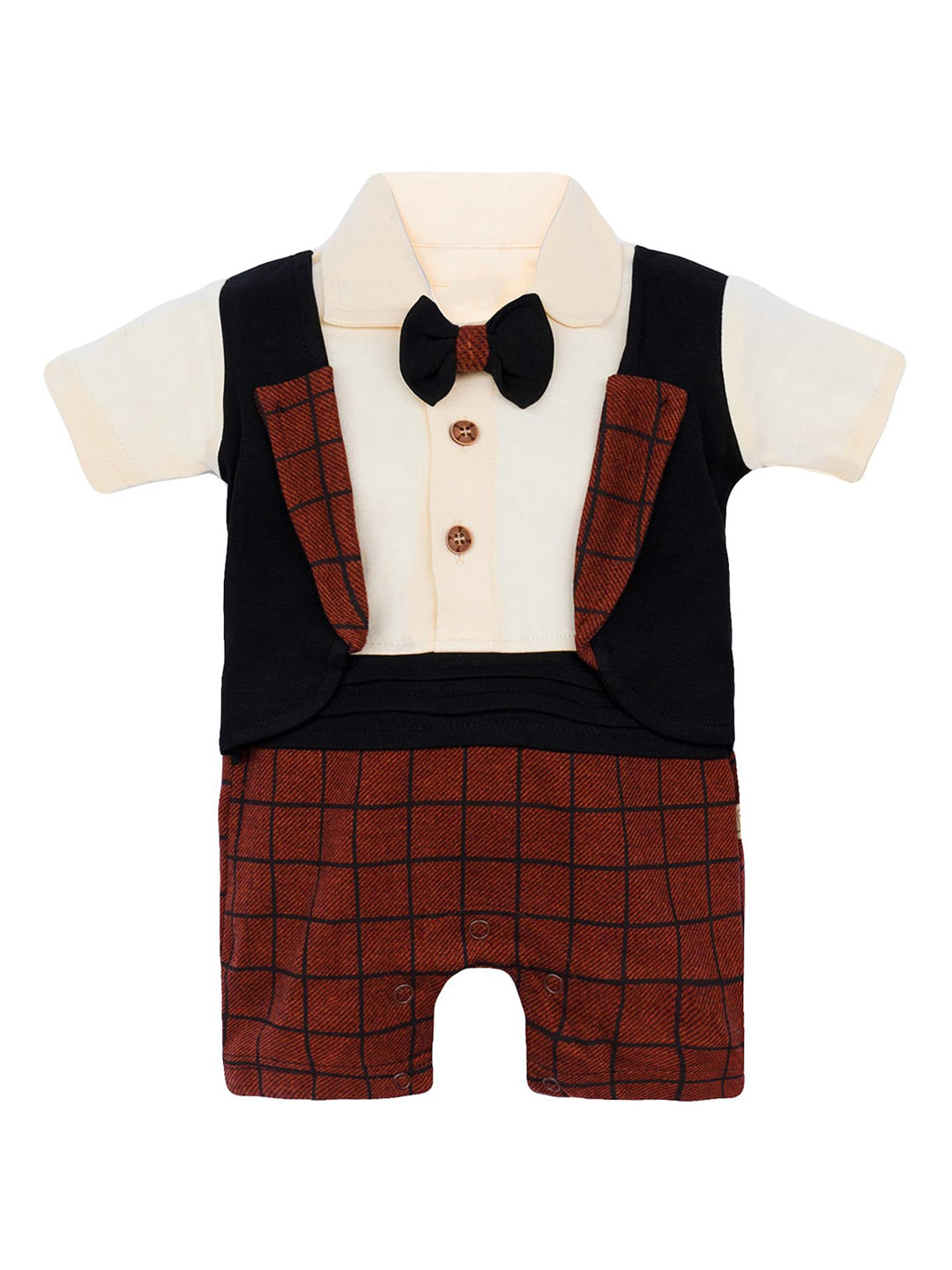 

Wish Karo Infants Boys Striped Cotton Rompers With Aattached Waistcoat & Bow, Maroon