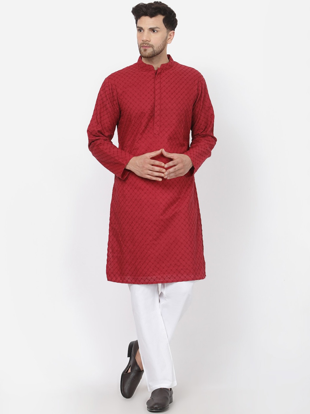 

MOHANLAL SONS Embroidered Mandarin Collar Regular Pure Cotton Kurta With Pyjamas, Maroon