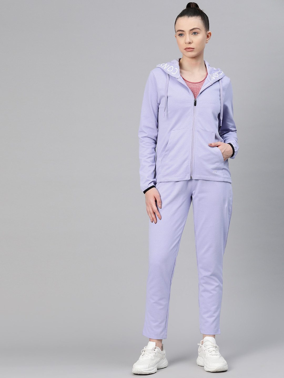 

Alcis Women Typography Print Mid-Rise Hooded Tracksuit, Lavender