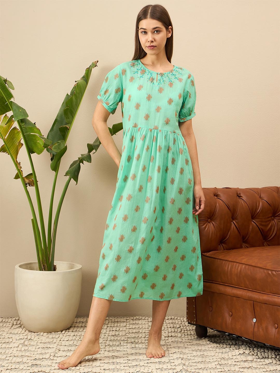 

July Women Printed A-Line Dress, Lime green