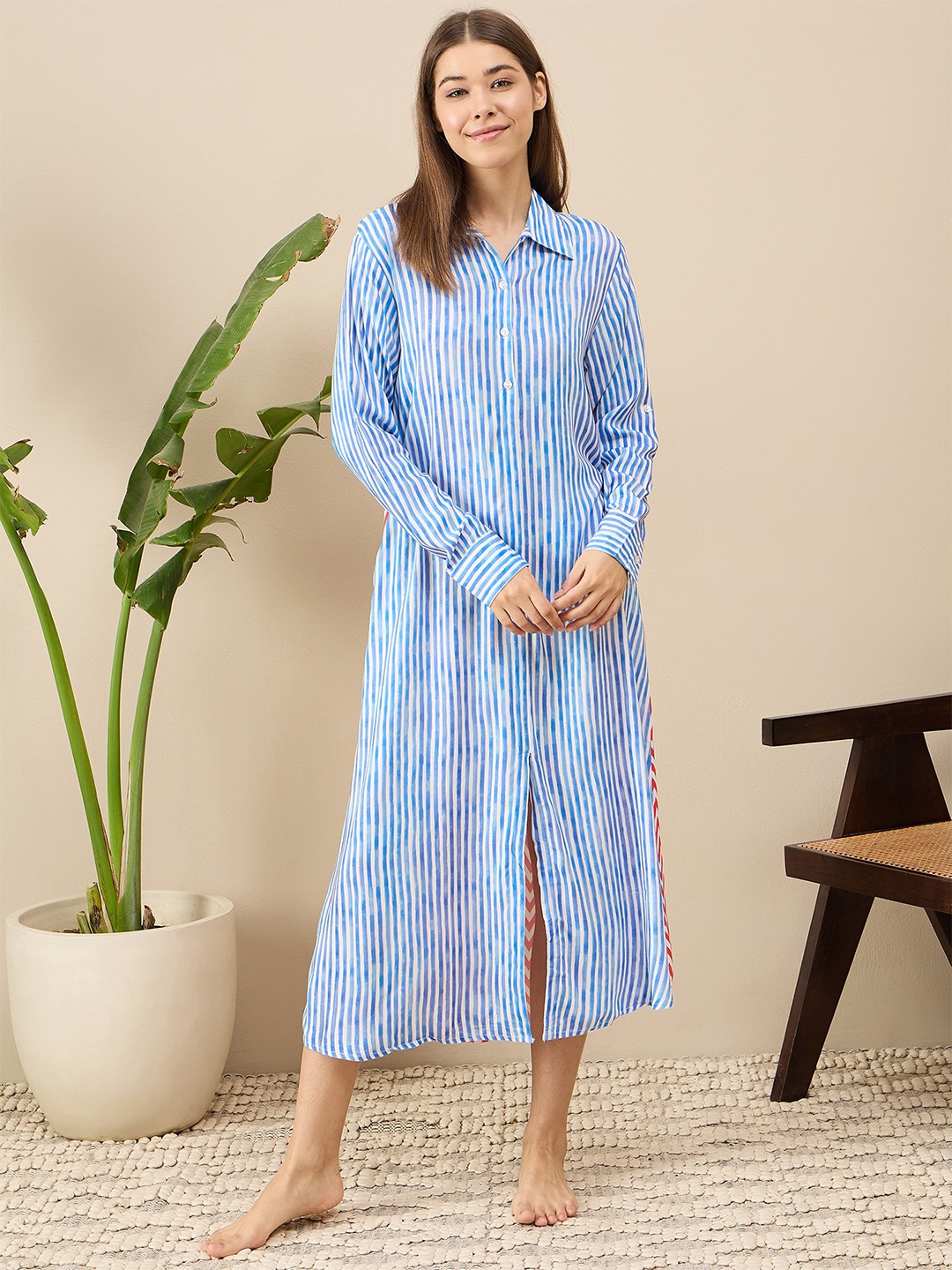 

July Striped Shirt Style Night Dress, Blue