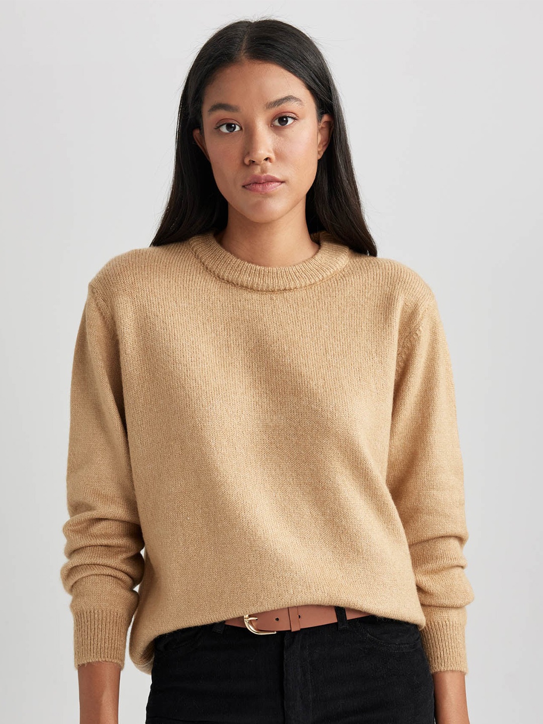 

DeFacto Round Neck Pullover Sweater, Brown