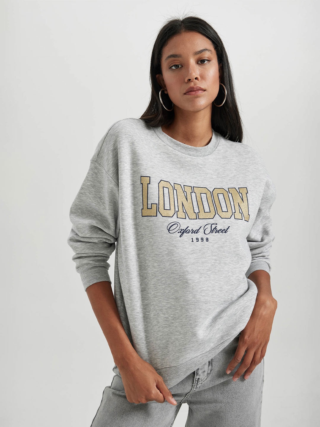 

DeFacto Typography Printed Ribbed Sweatshirt, Grey melange