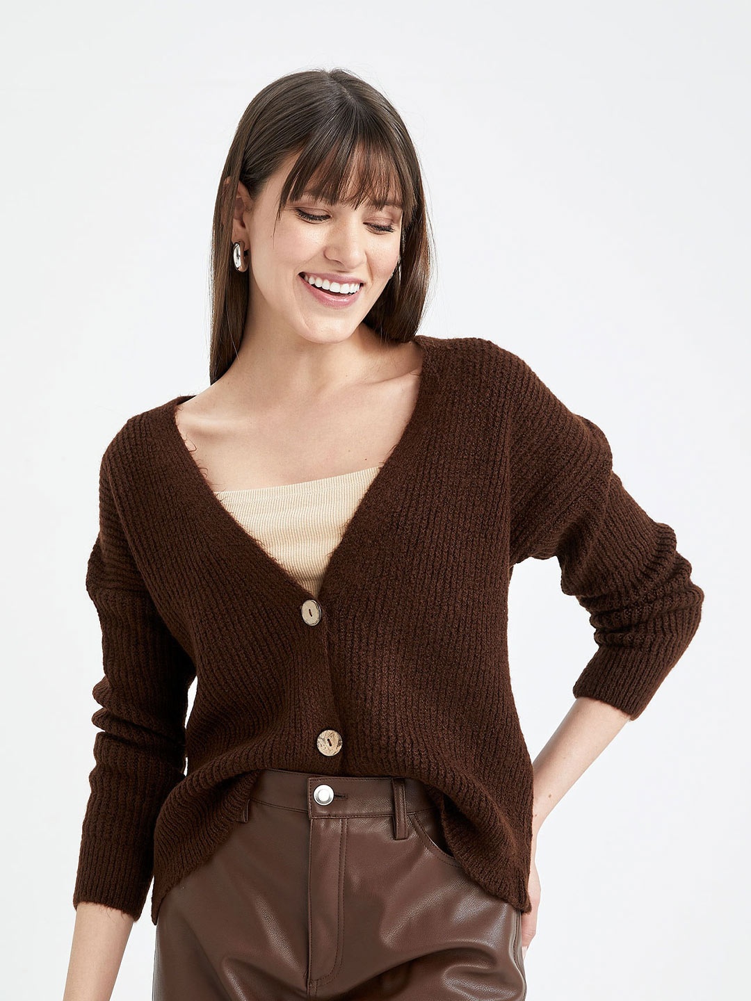 

DeFacto Ribbed V-Neck Cardigan, Brown