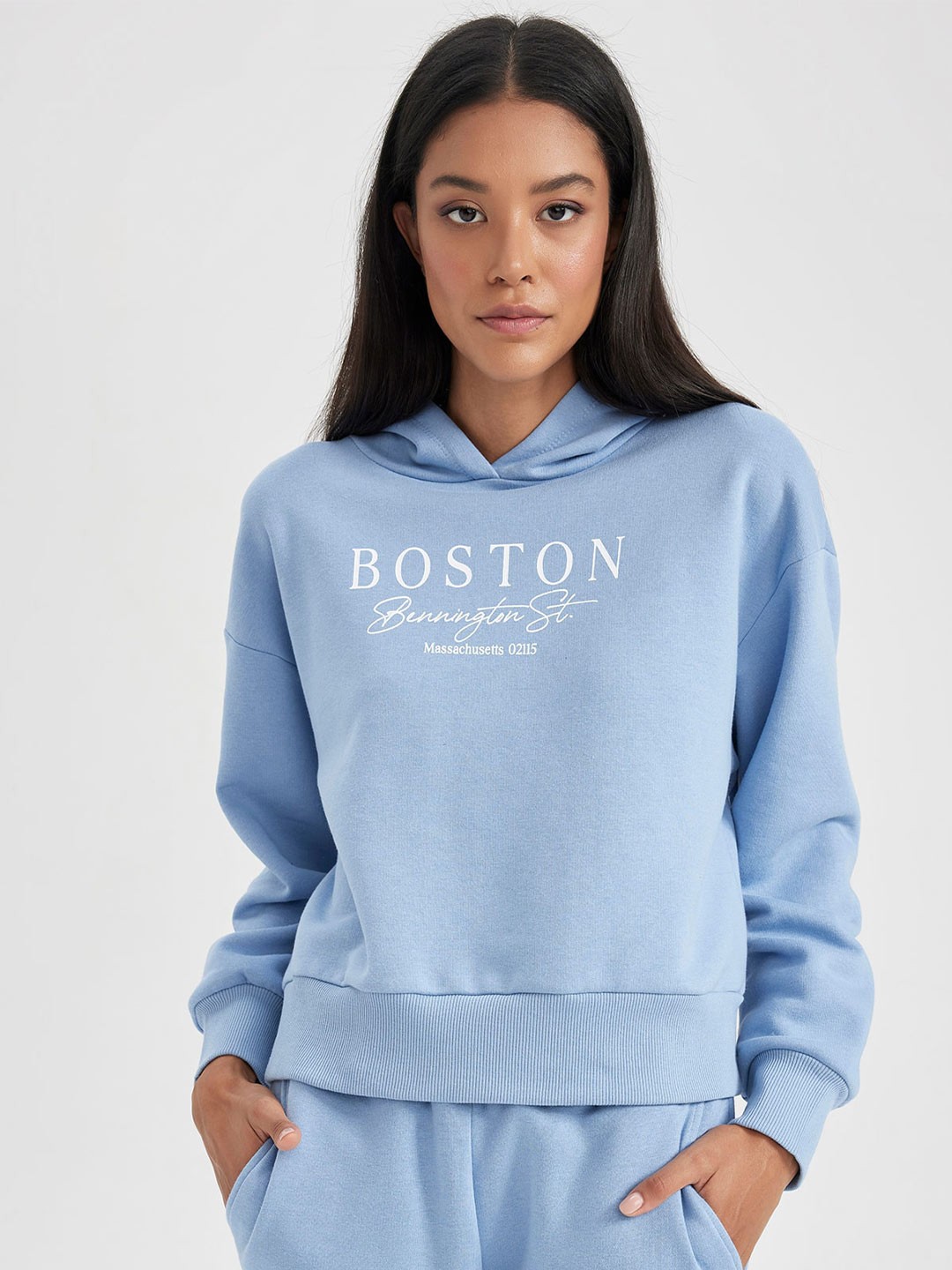 

DeFacto Typography Printed Hooded Sweatshirt, Blue