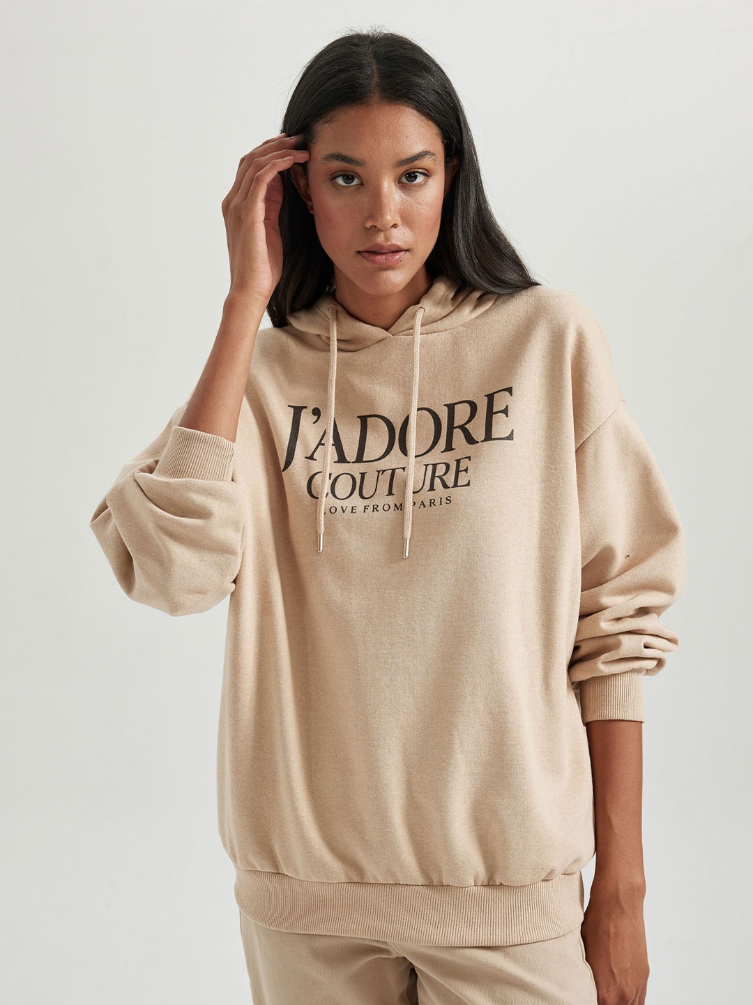 

DeFacto Typography Printed Hooded Sweatshirt, Beige