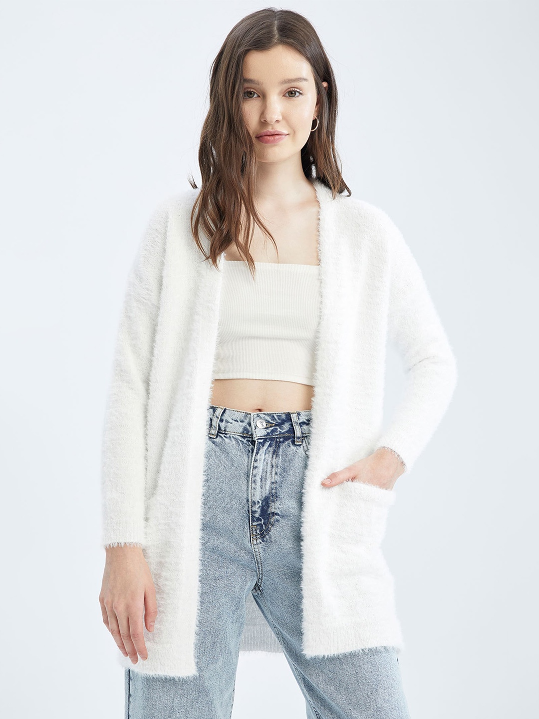 

DeFacto Self-Design Longline Front-Open Sweater, White
