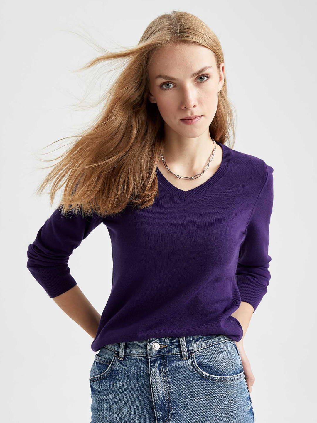 

DeFacto Ribbed V-Neck Pure Acrylic Pullover, Purple