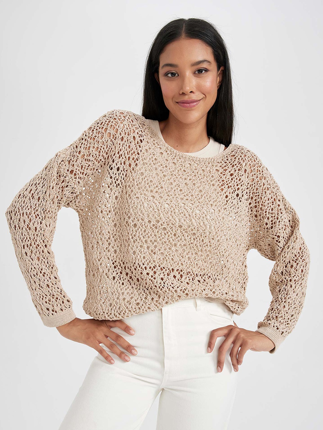 

DeFacto Self-Design Round Neck Long Sleeve Sheer Top, Beige