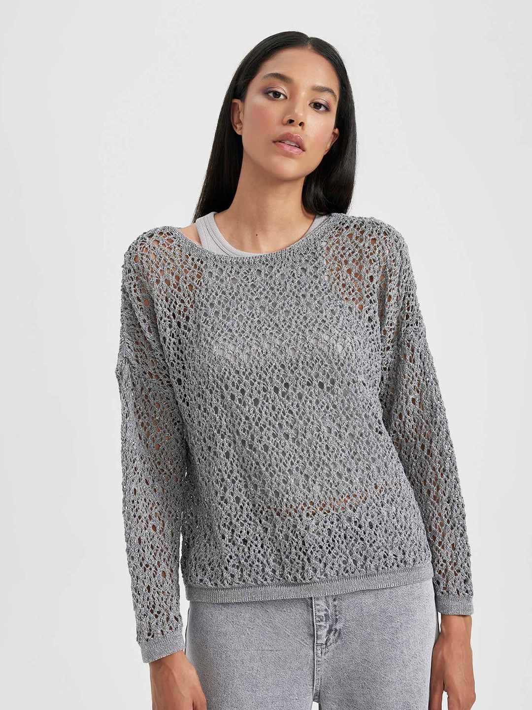 

DeFacto Self-Design Round Neck Long Sleeve Sheer Top, Grey