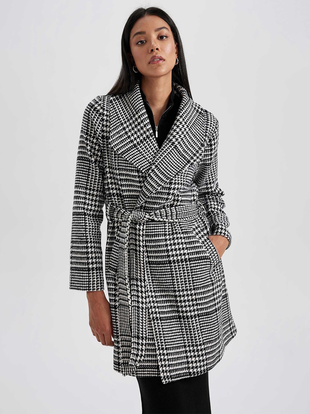 

DeFacto Checked Longline Ovecoat, Black