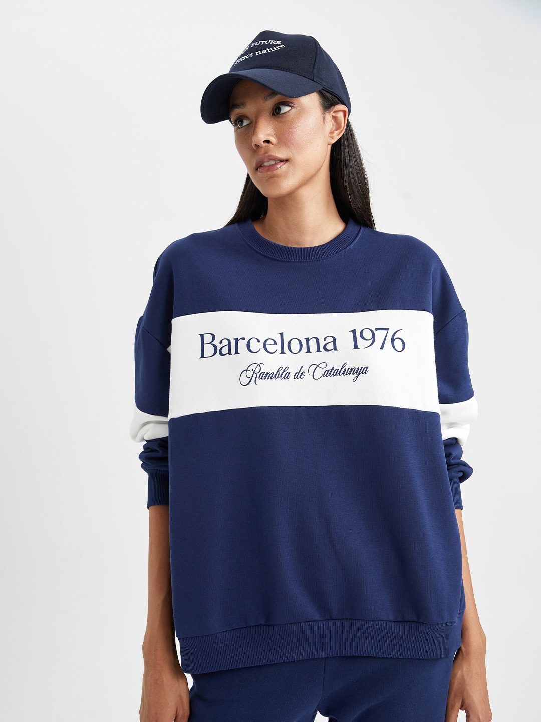 

DeFacto Colourblocked Cotton Pullover Sweatshirt, Blue