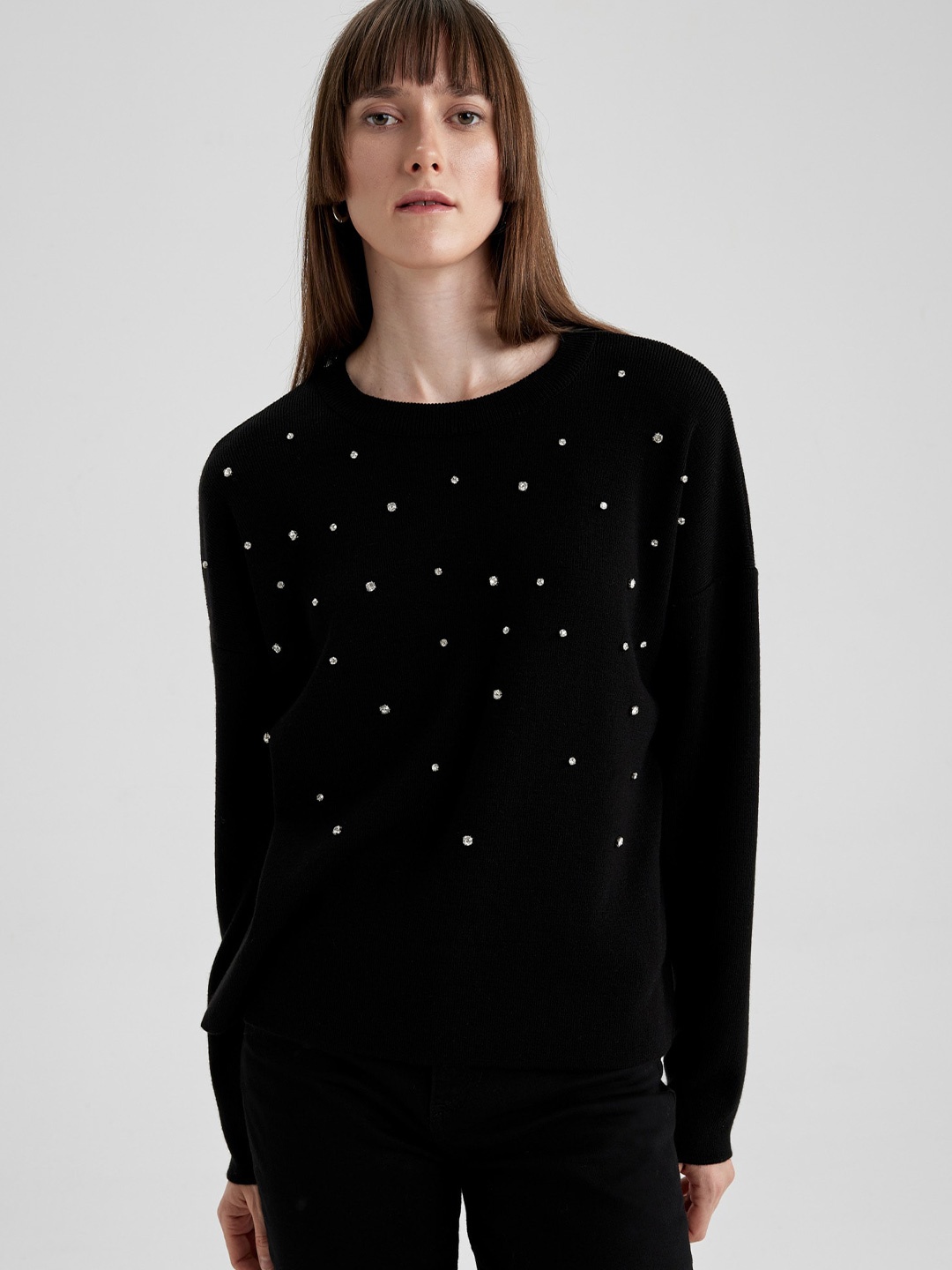 

DeFacto Acrylic Pullover Sweater with Embellished Detail, Black