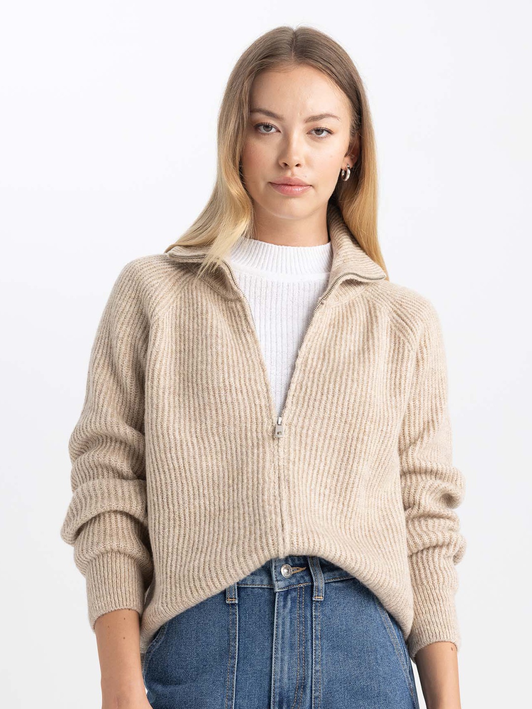 

DeFacto Striped Ribbed Pullover Sweater, Beige