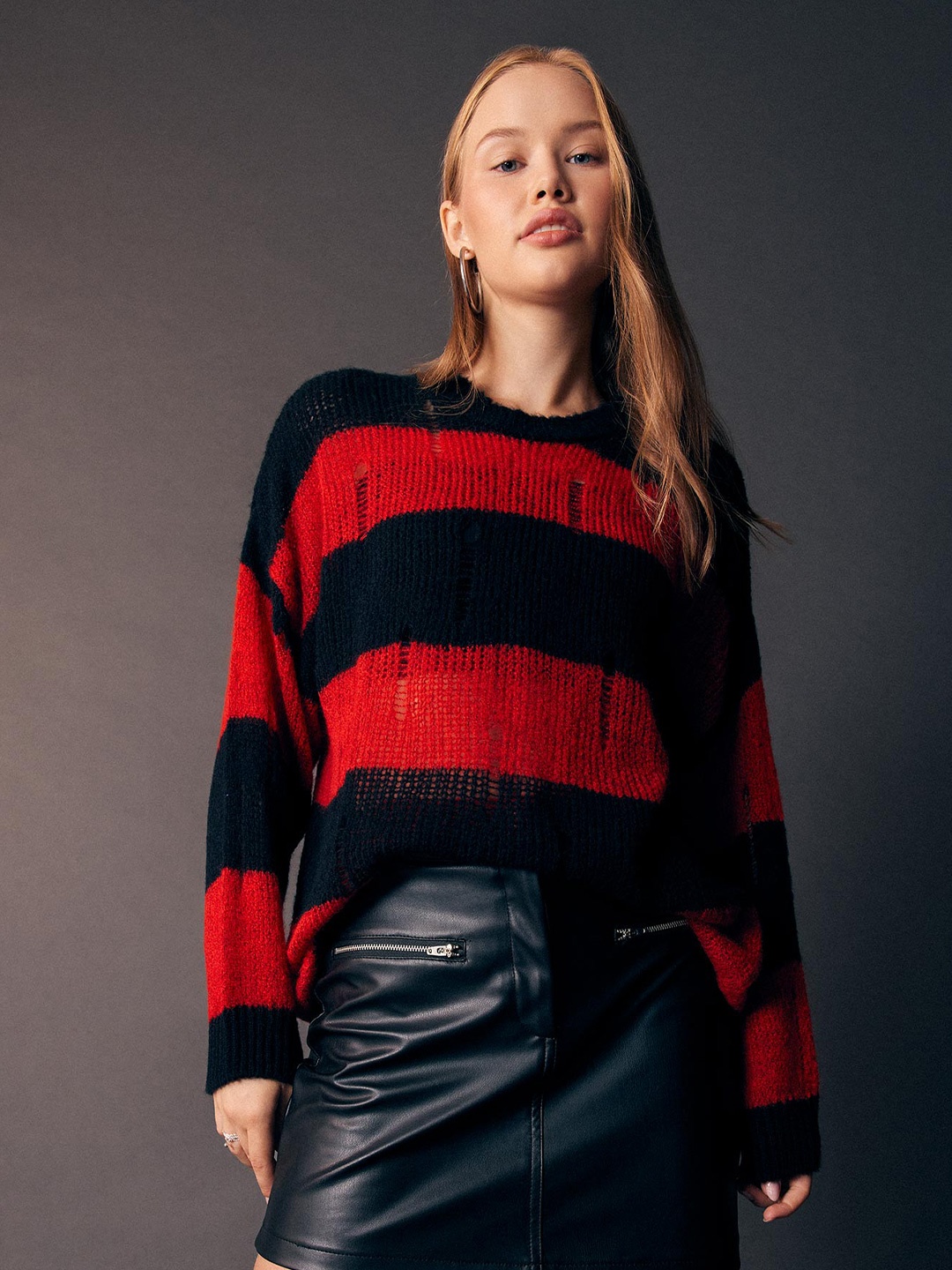 

DeFacto Striped Round Neck Pullover Sweater, Red