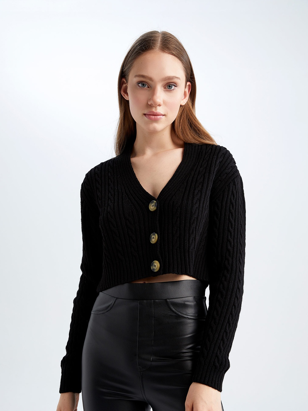 

DeFacto Cable Knit Acrylic Crop Cardigan Sweater, Black