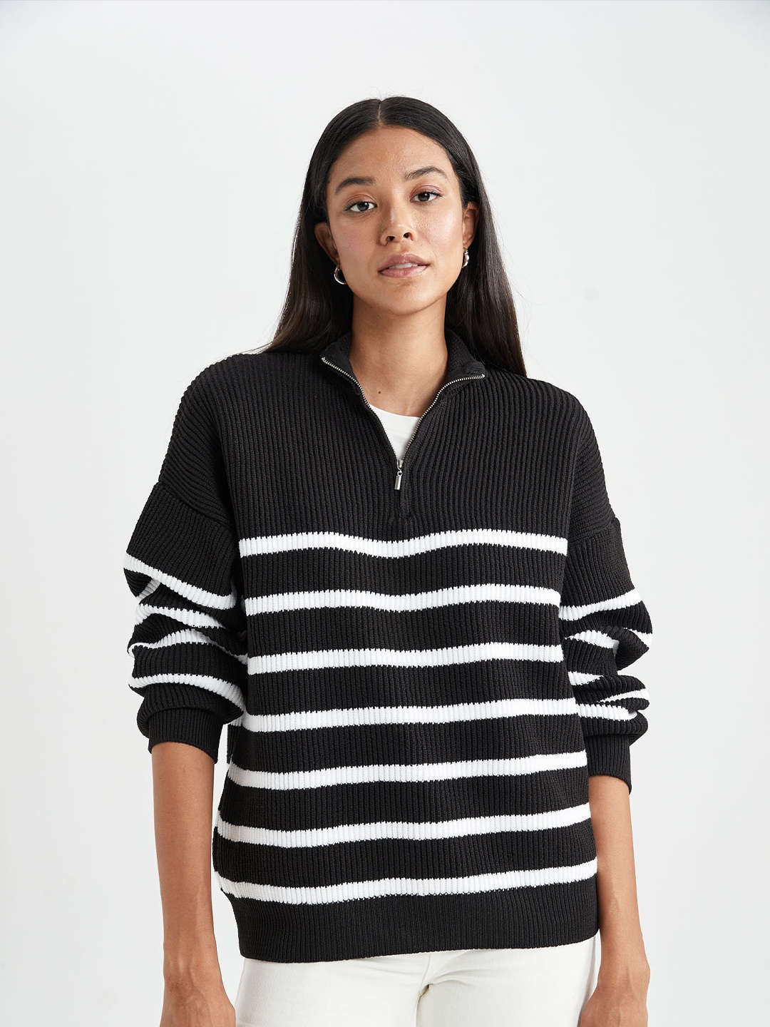 

DeFacto Mock Collar Striped Pullover Sweater, Black