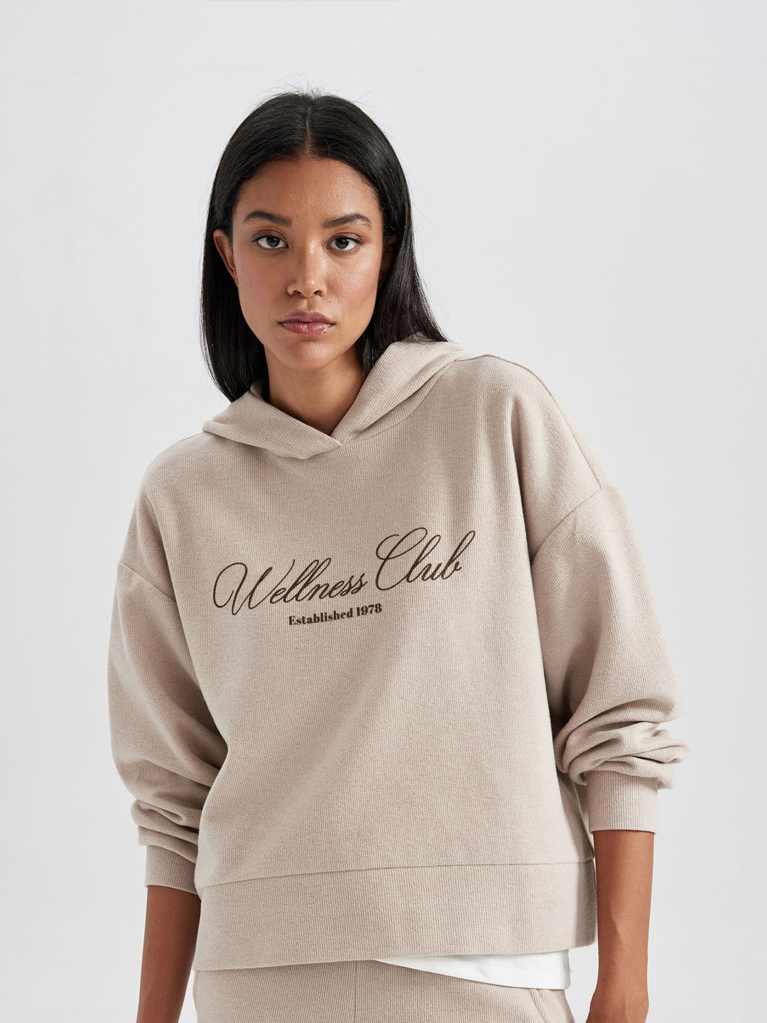 

DeFacto Typography Printed Hooded Pullover, Beige