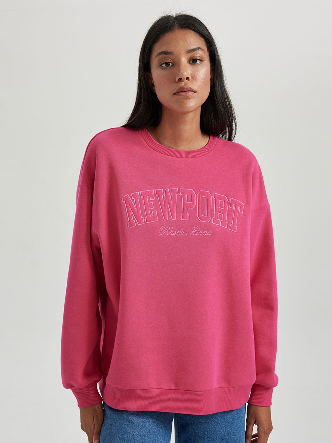 

DeFacto Typography Embroidered Round Neck Pullover, Pink