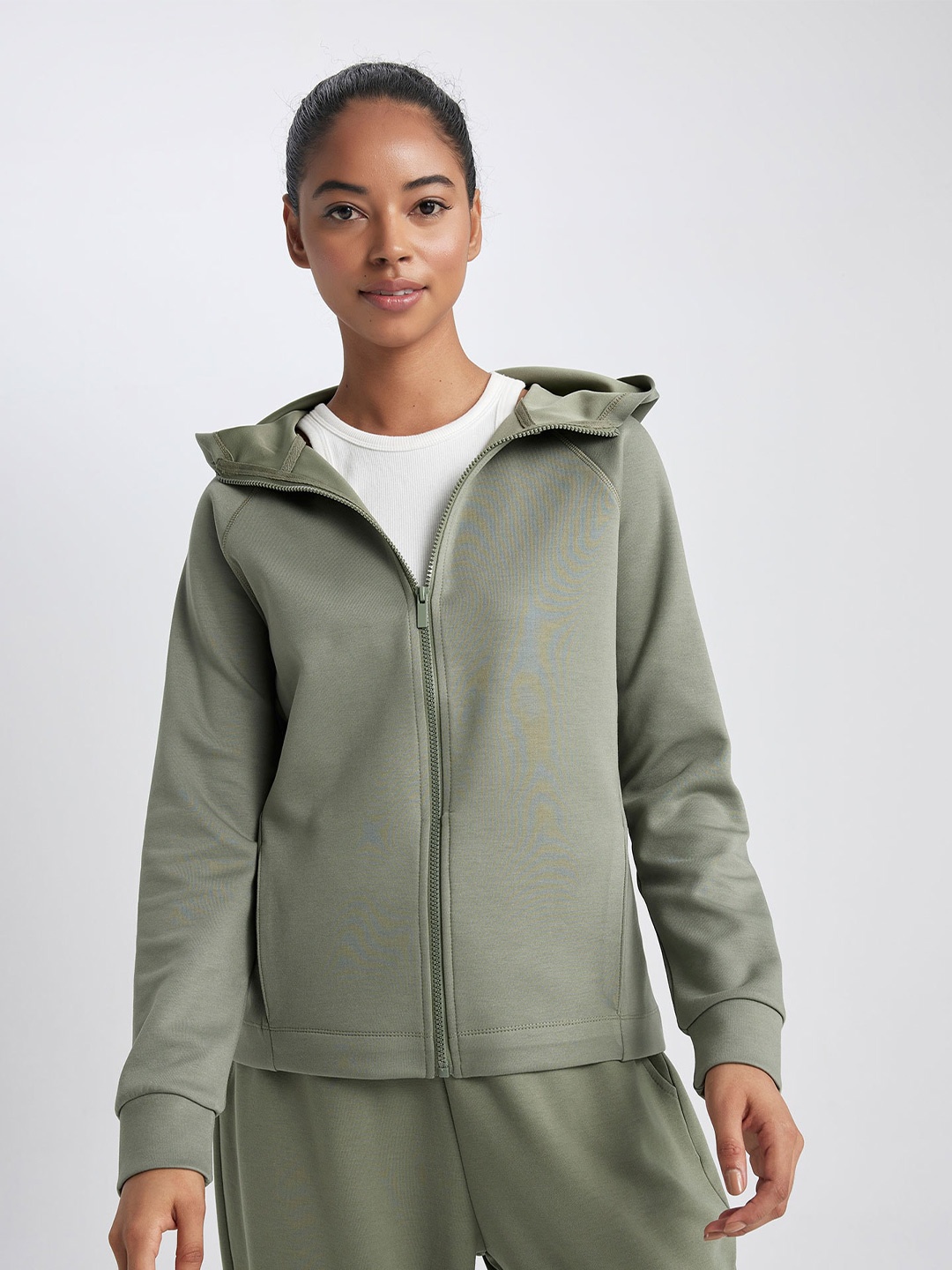 

DeFacto Solid Front-Open Hooded Sweatshirt, Olive