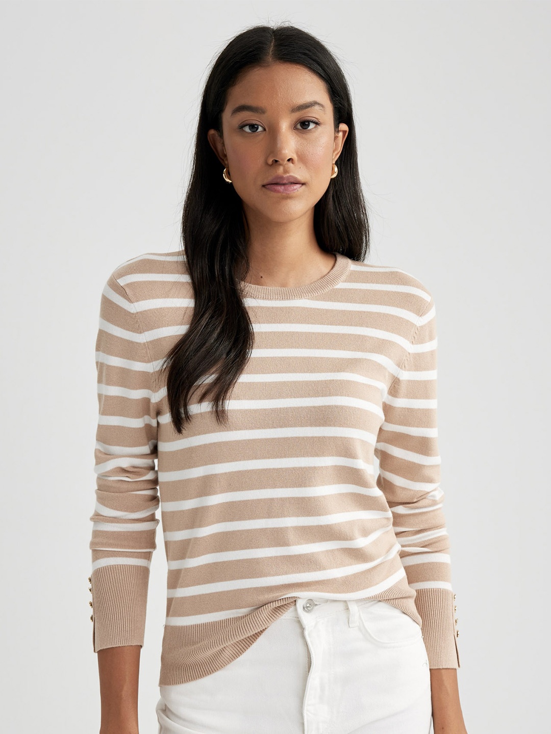 

DeFacto Striped Pullover Sweater, Beige