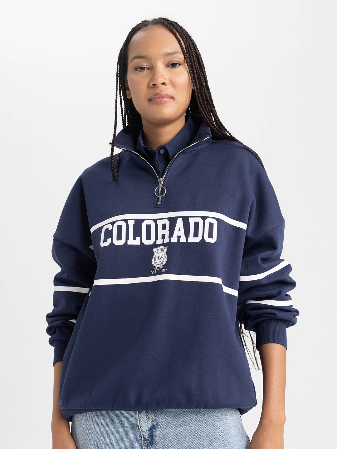 

DeFacto Typography Printed Mock Collar Pullover, Navy blue