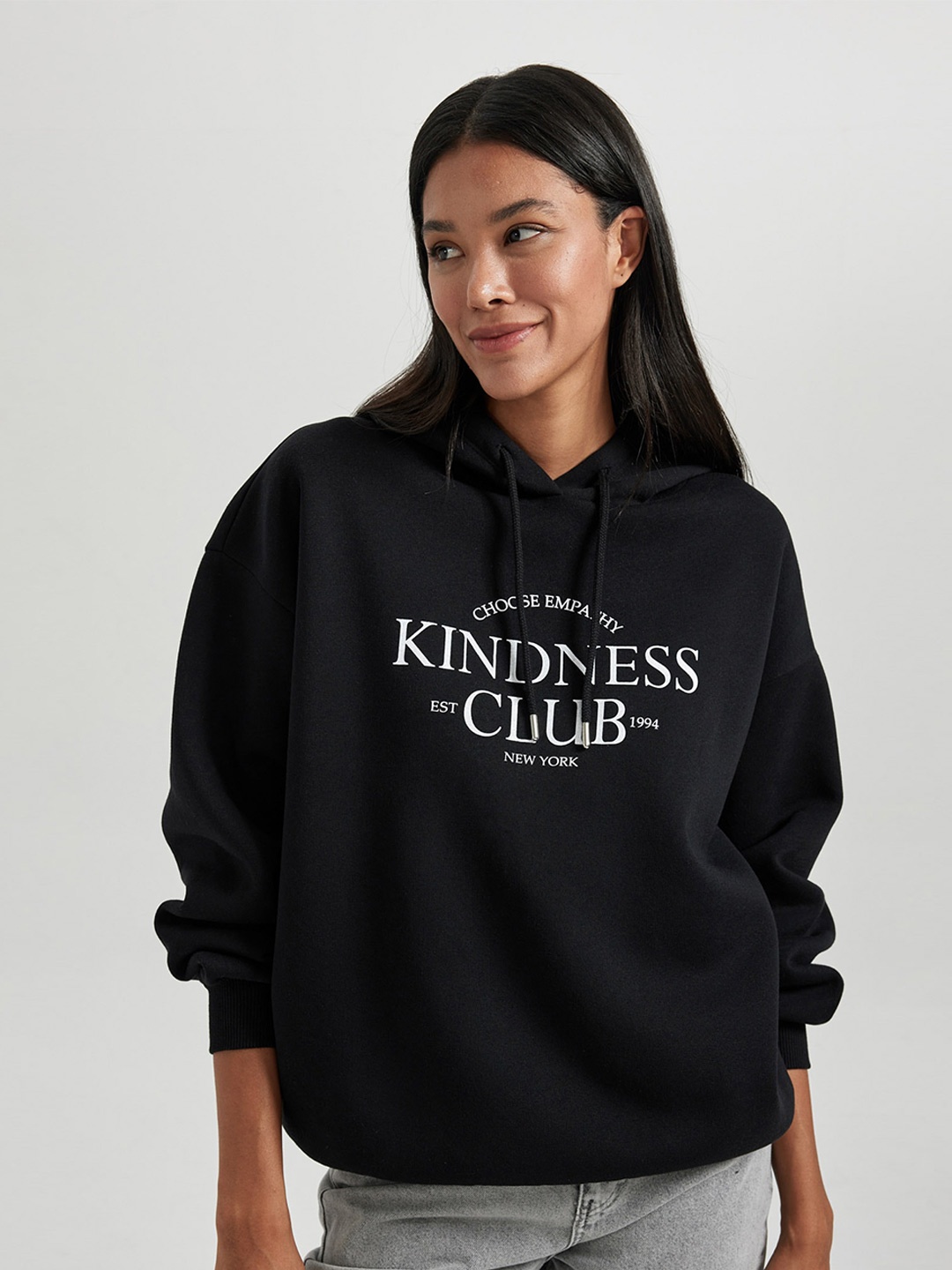 

DeFacto Typography Printed Hooded Pullover, Black