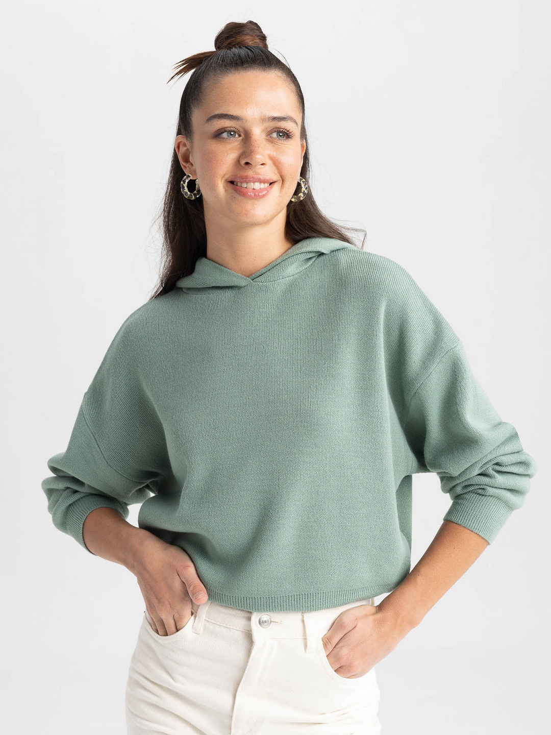 

DeFacto Hooded Acrylic Pullover Sweater, Green