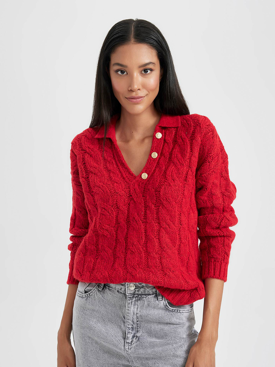 

DeFacto Cable Knit Pullover Sweater, Red