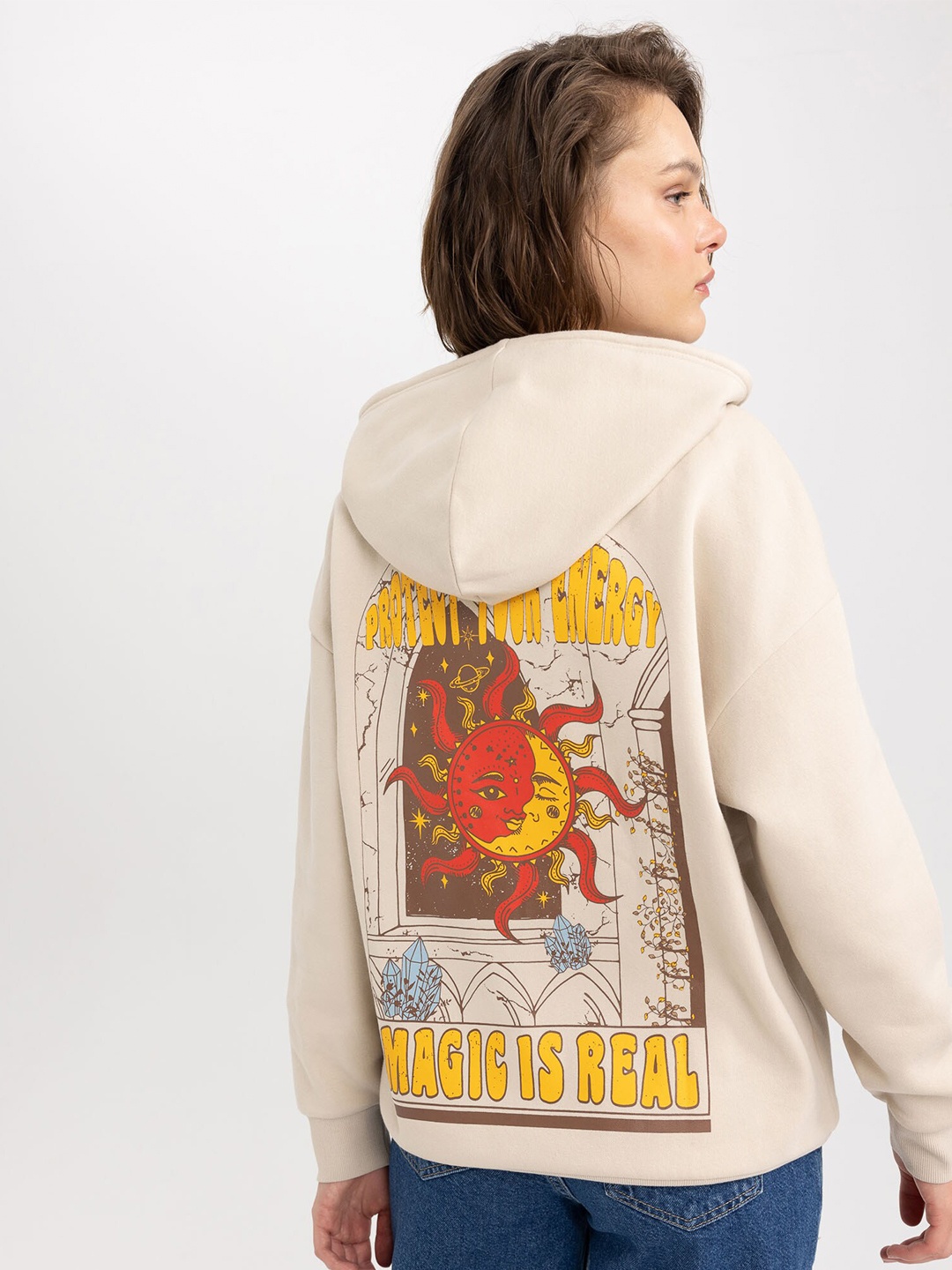 

DeFacto Graphic Printed Hooded Pullover, Cream