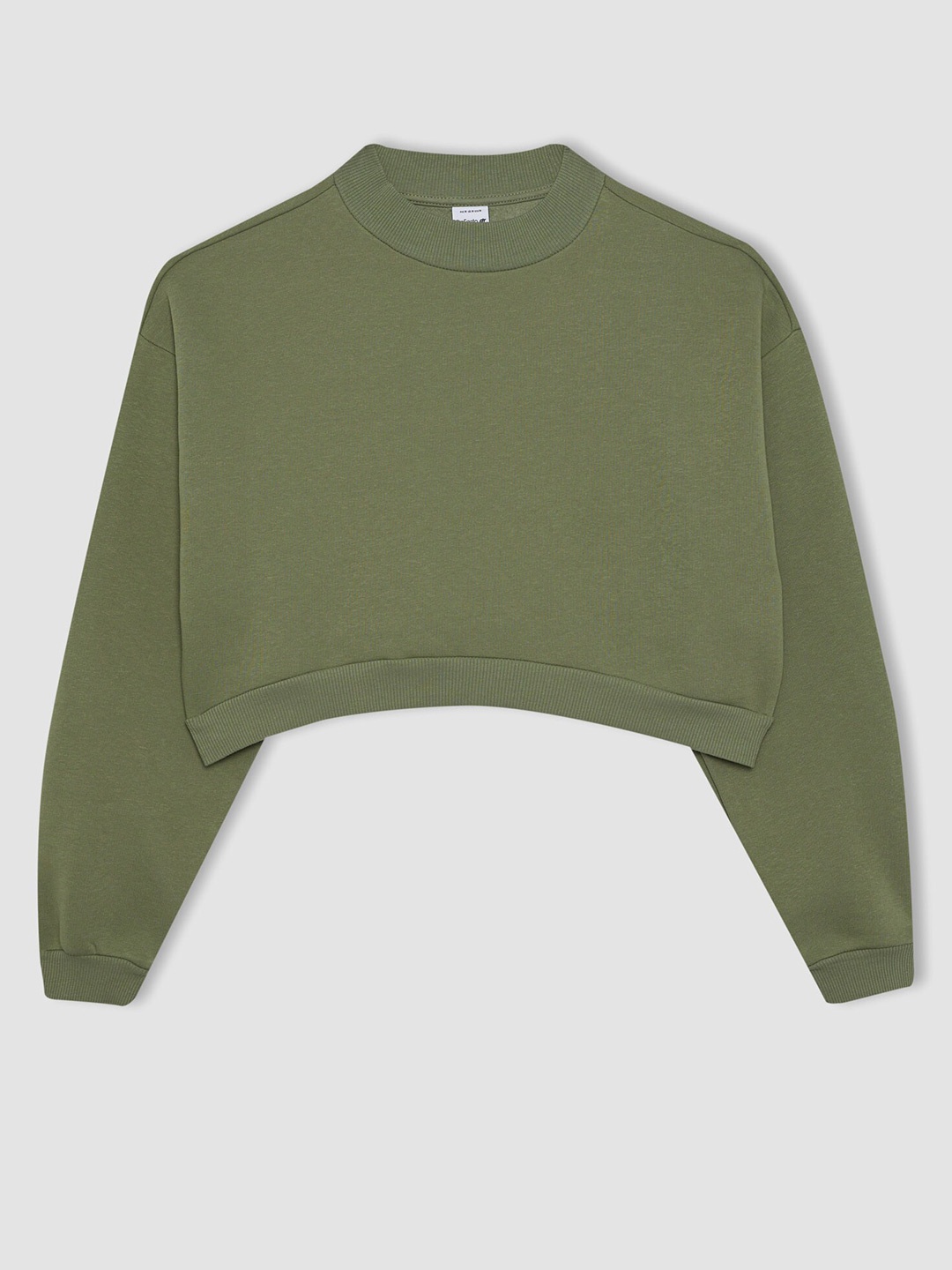 

DeFacto Round Neck Crop Pullover Sweater, Olive