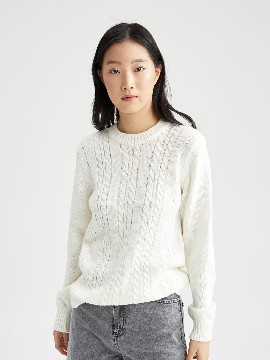 

DeFacto Cable Knit Self Design Acrylic Pullover Sweater, White
