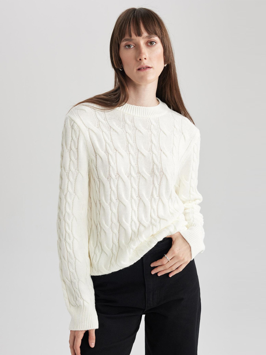 

DeFacto Cable Knit Self Design Acrylic Pullover, White