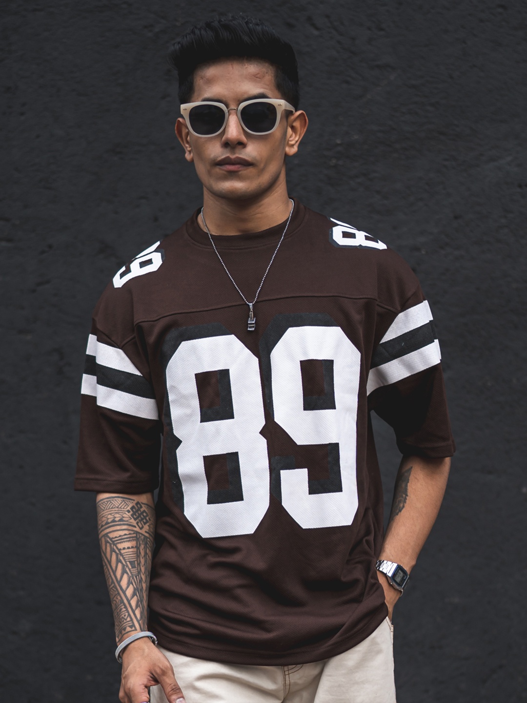

Powerlook Brown Varsity Printed Oversized T-shirt