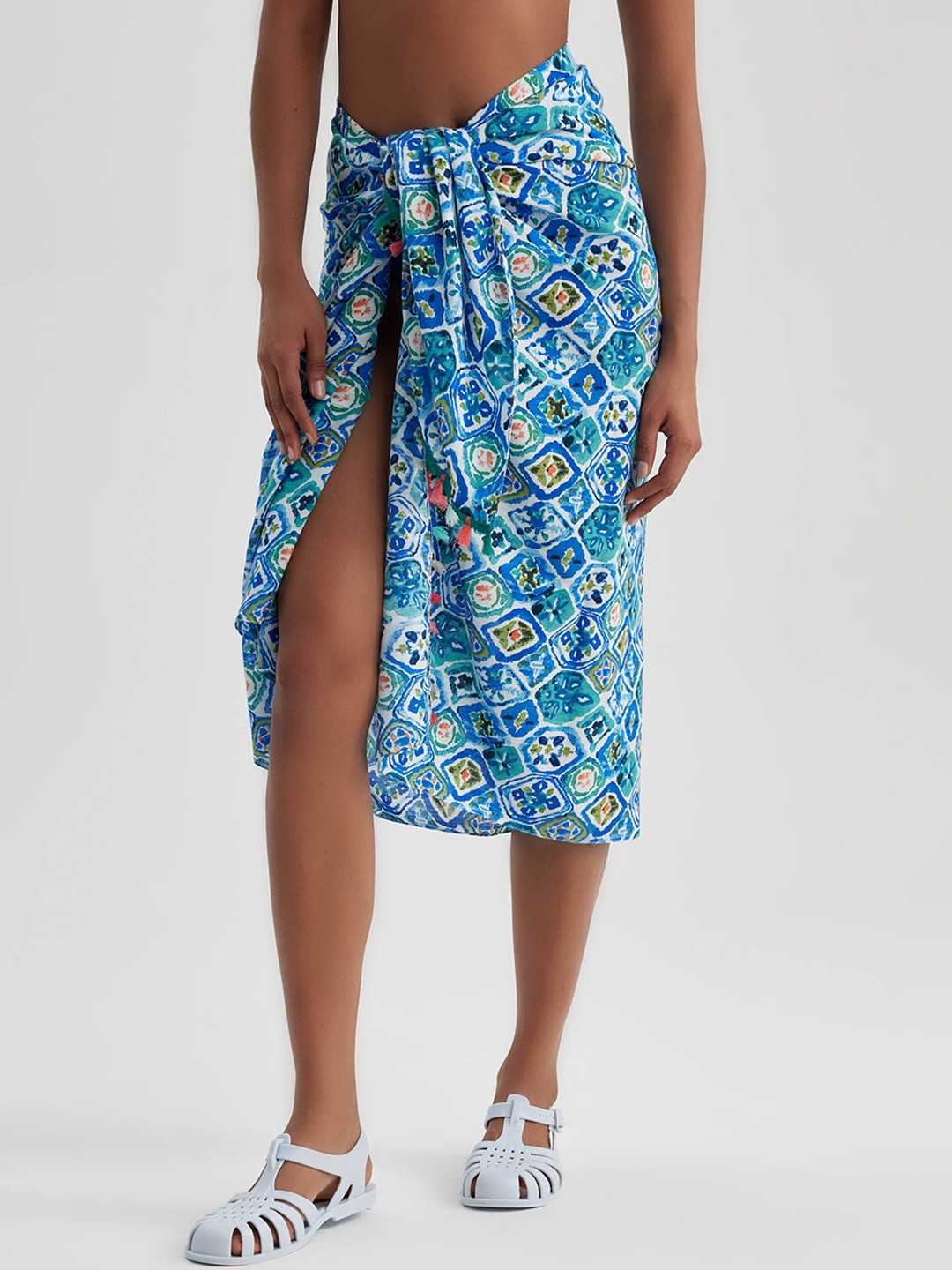 

DeFacto Abstract Printed Pure Cotton Sarong Bottom Coverup Sarong, Blue