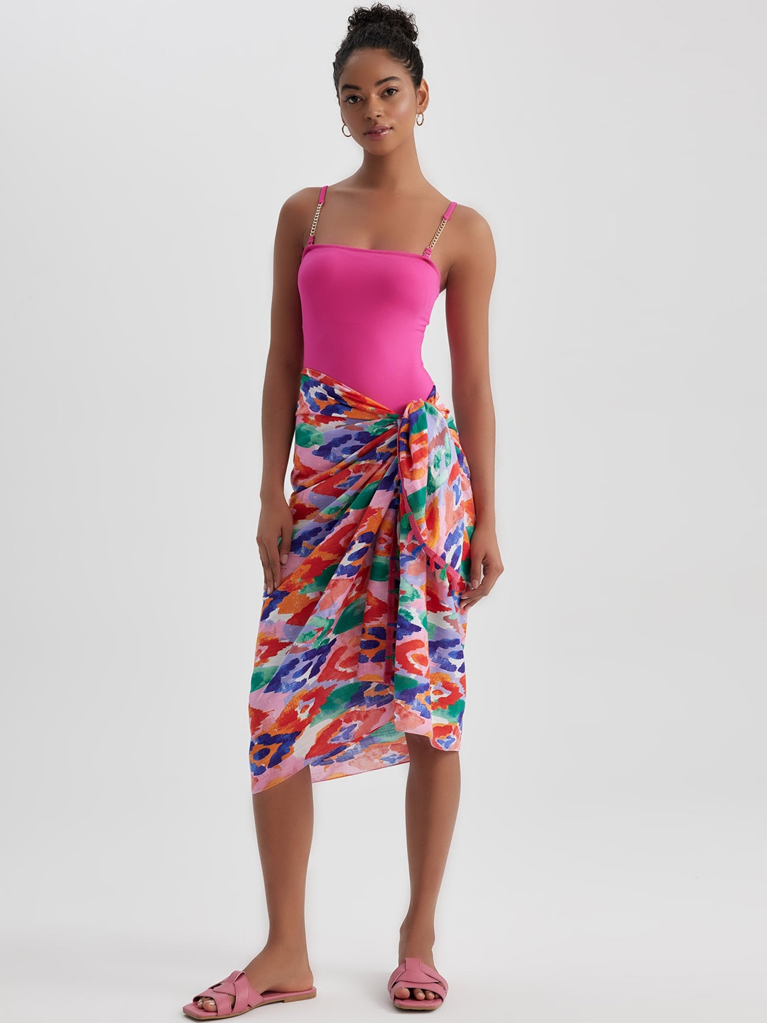 

DeFacto Abstract Printed Tasselled Pure Cotton Sarong Swim Cover-up Bottom, Pink