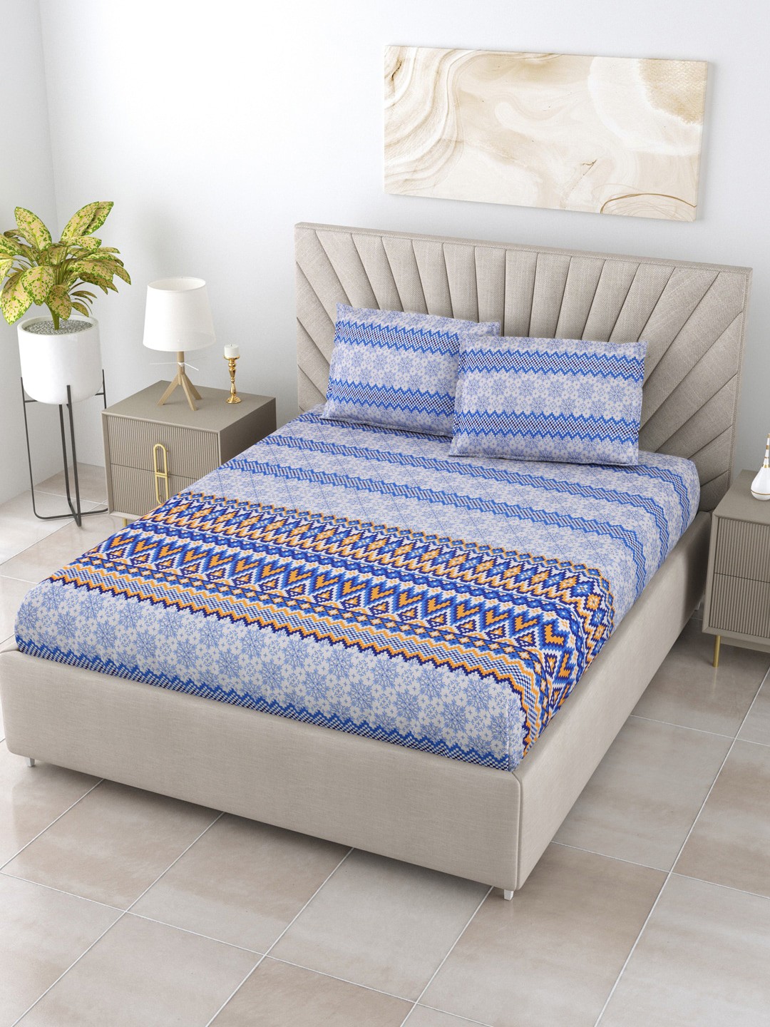 

BOMBAY DYEING Blue & Yellow Floral Cotton 250 TC King Bedsheet With 2 Pillow Covers