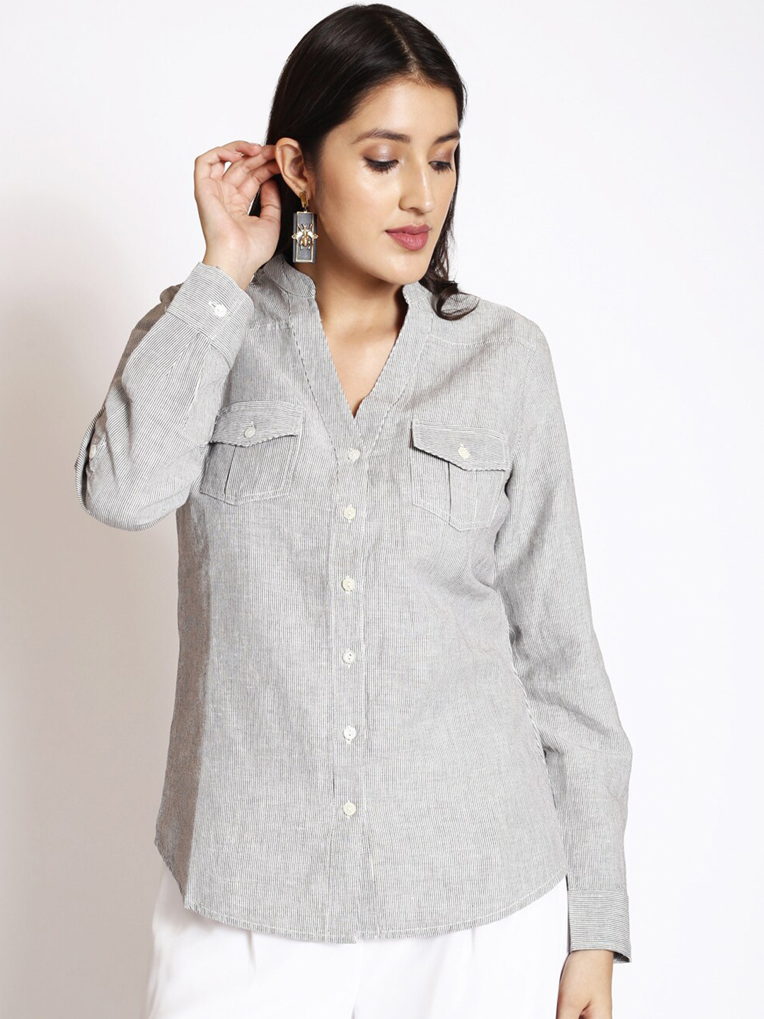 

250 DESIGNS Pinstriped Mandarin Collar Cotton Casual Shirt, Grey