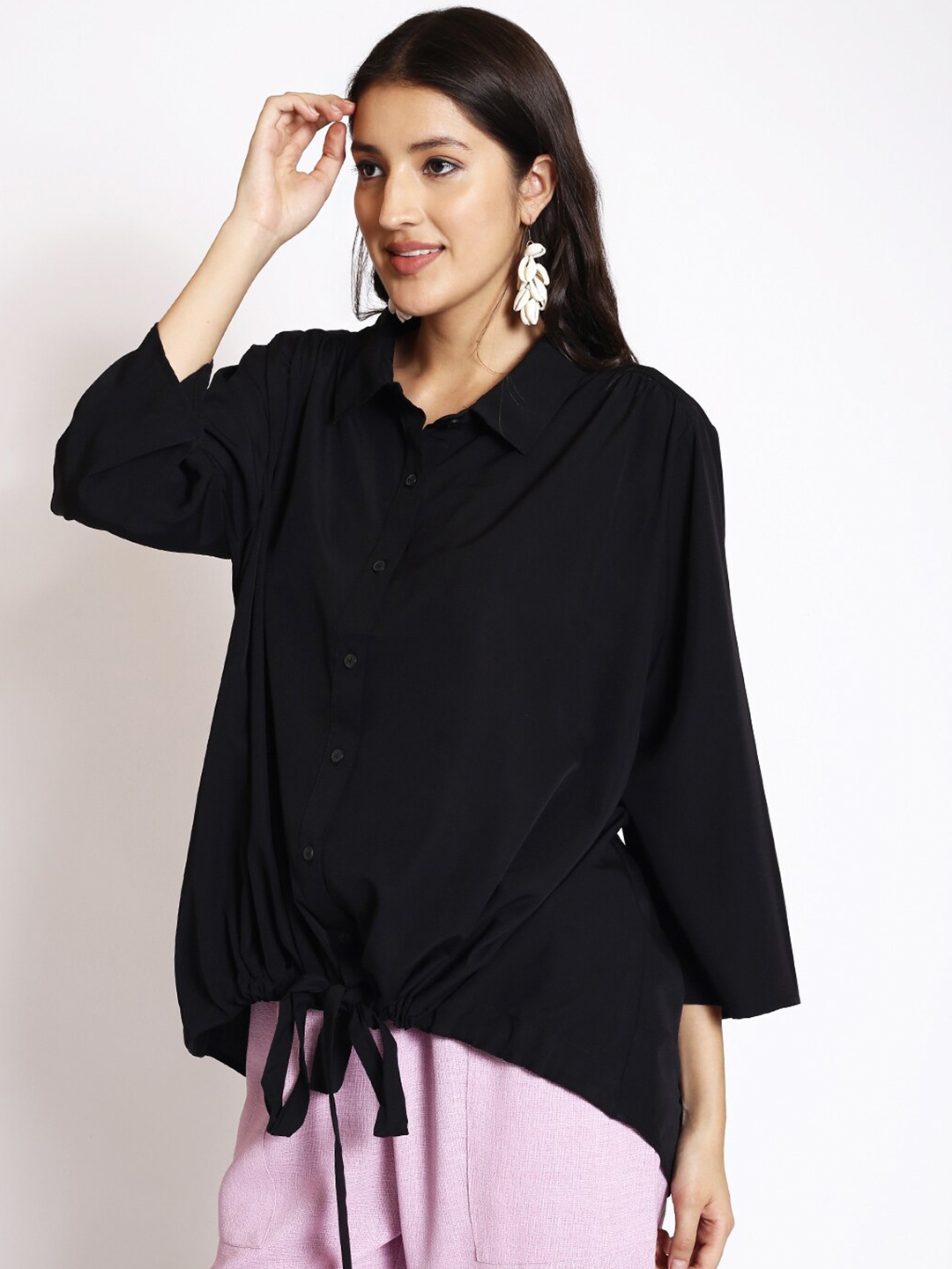 

250 DESIGNS Longline Tie-Up Casual Shirt, Black