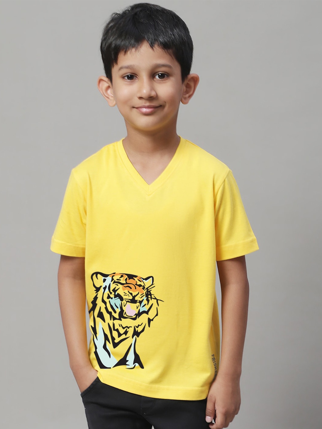 

Friskers Boys Graphic Printed V-Neck Pure Cotton T-Shirt, Yellow