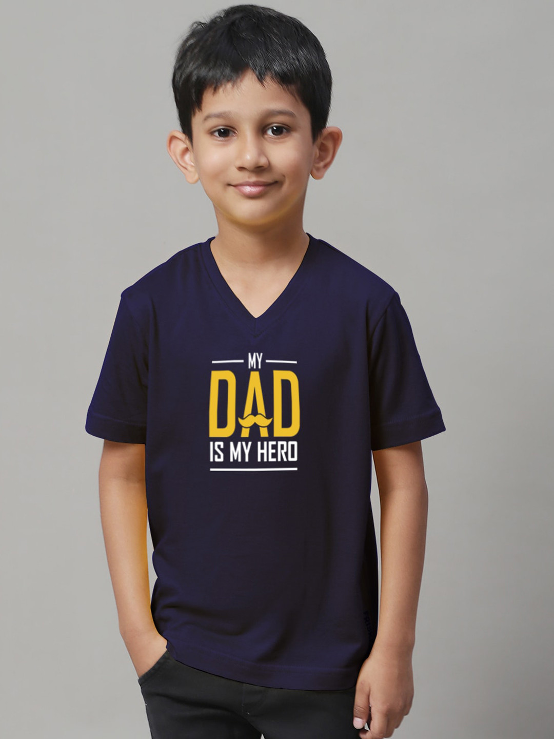 

Friskers Boys Typography Printed Pure Cotton V-Neck Slim Fit T-shirt, Navy blue