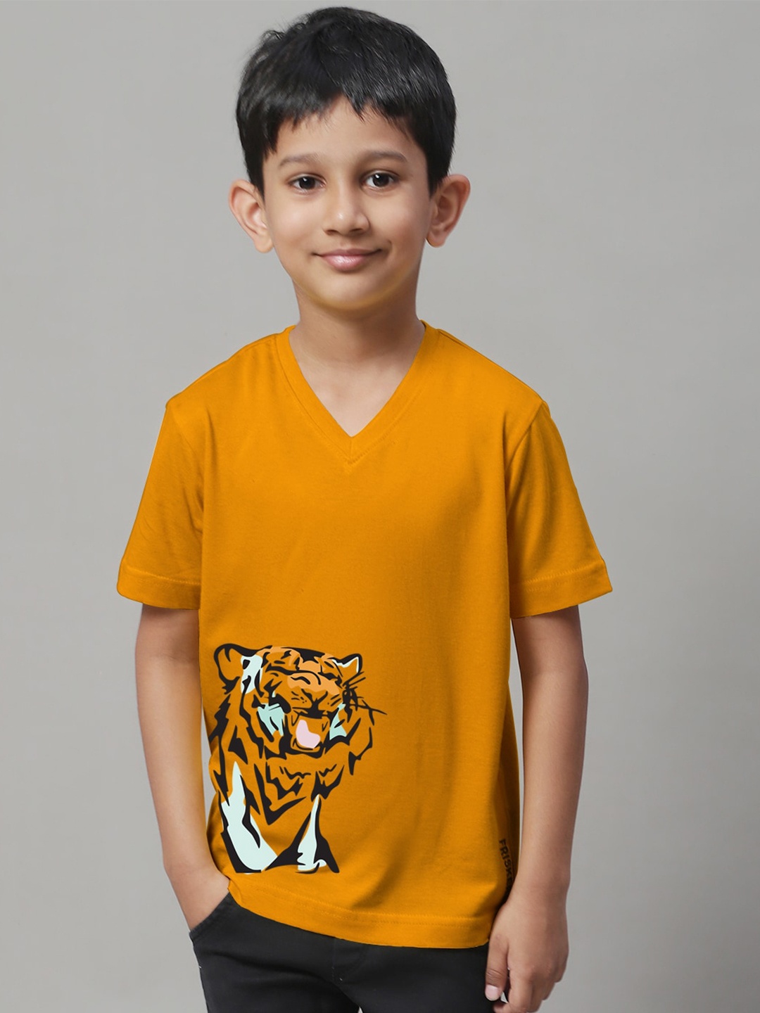 

Friskers Boys Graphic Printed Pure Cotton V-Neck Slim Fit T-shirt, Orange