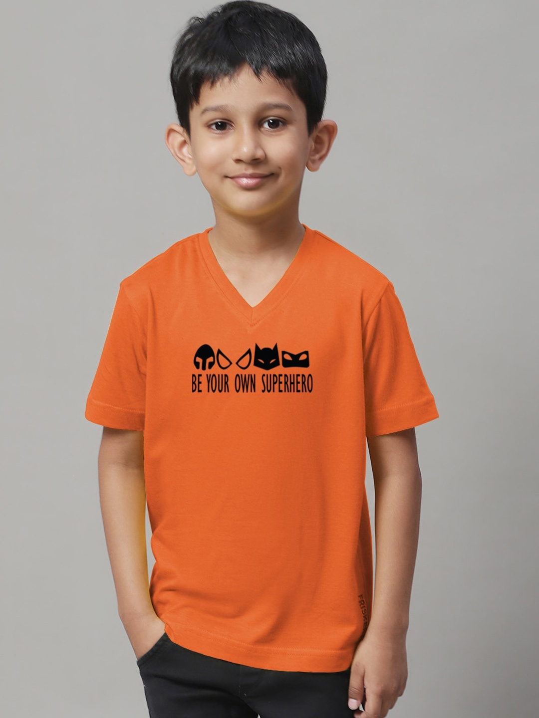 

Friskers Boys Typography Printed Pure Cotton V-Neck Slim Fit T-shirt, Orange
