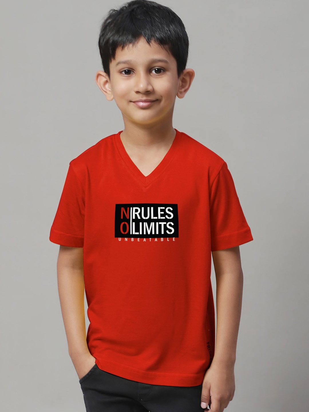 Friskers Boys Typography Printed Pure Cotton V-Neck Slim Fit T-shirt, Red