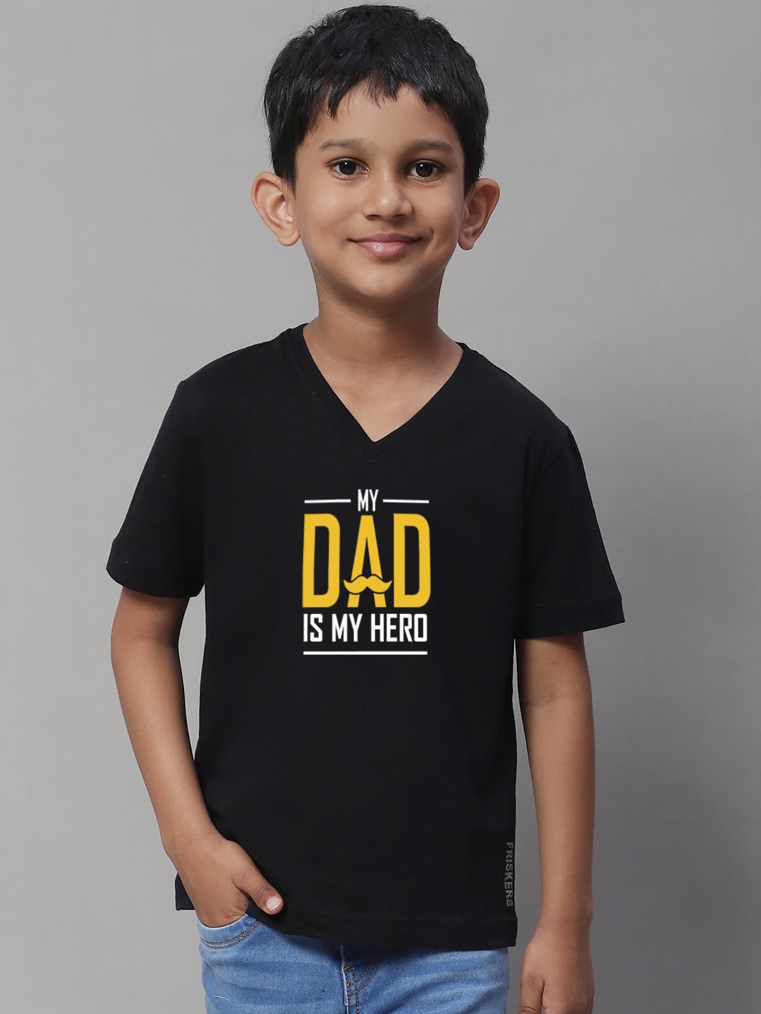 

Friskers Boys Typography Printed V-Neck Slim Fit T-shirt, Black