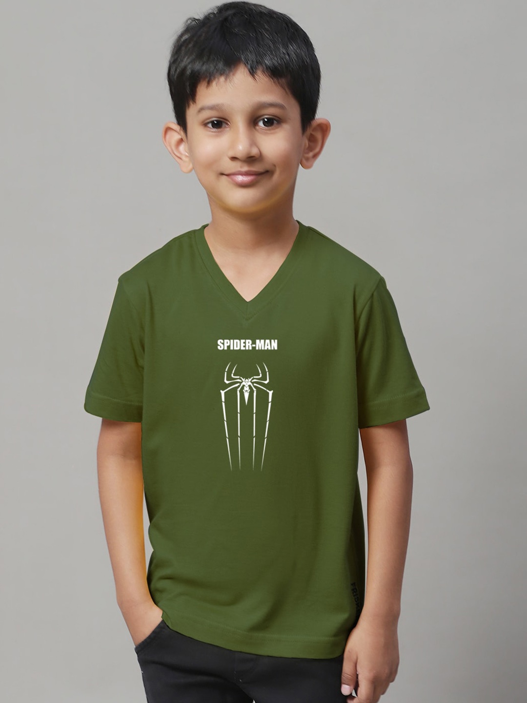 Friskers Boys Typography Printed V-Neck Slim Fit T-shirt, Olive