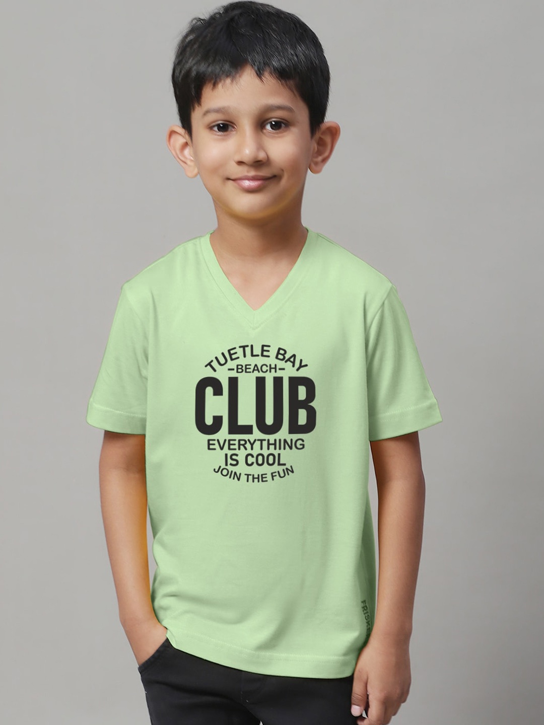 Friskers Boys Typography Printed V-Neck Cotton Slim Fit T-shirt, Sea green
